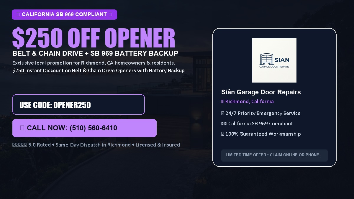 $250 OFF Smart Garage Door Opener Installation (Belt & Chain Drive with California SB 969 Battery Backup) in Richmond, CA