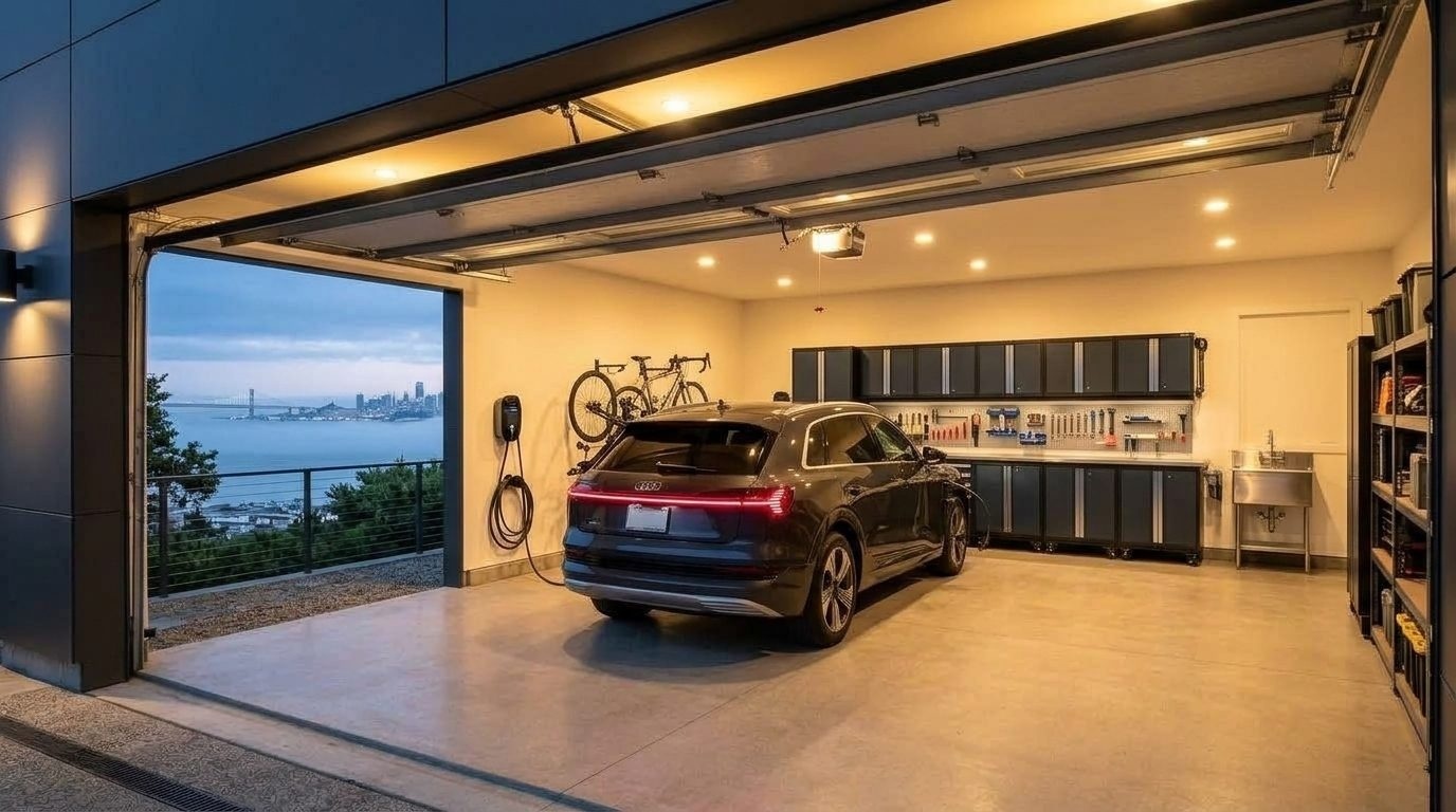 Siân Garage Door Repairs Interior View of Custom Garage Door Overhead and Workshop